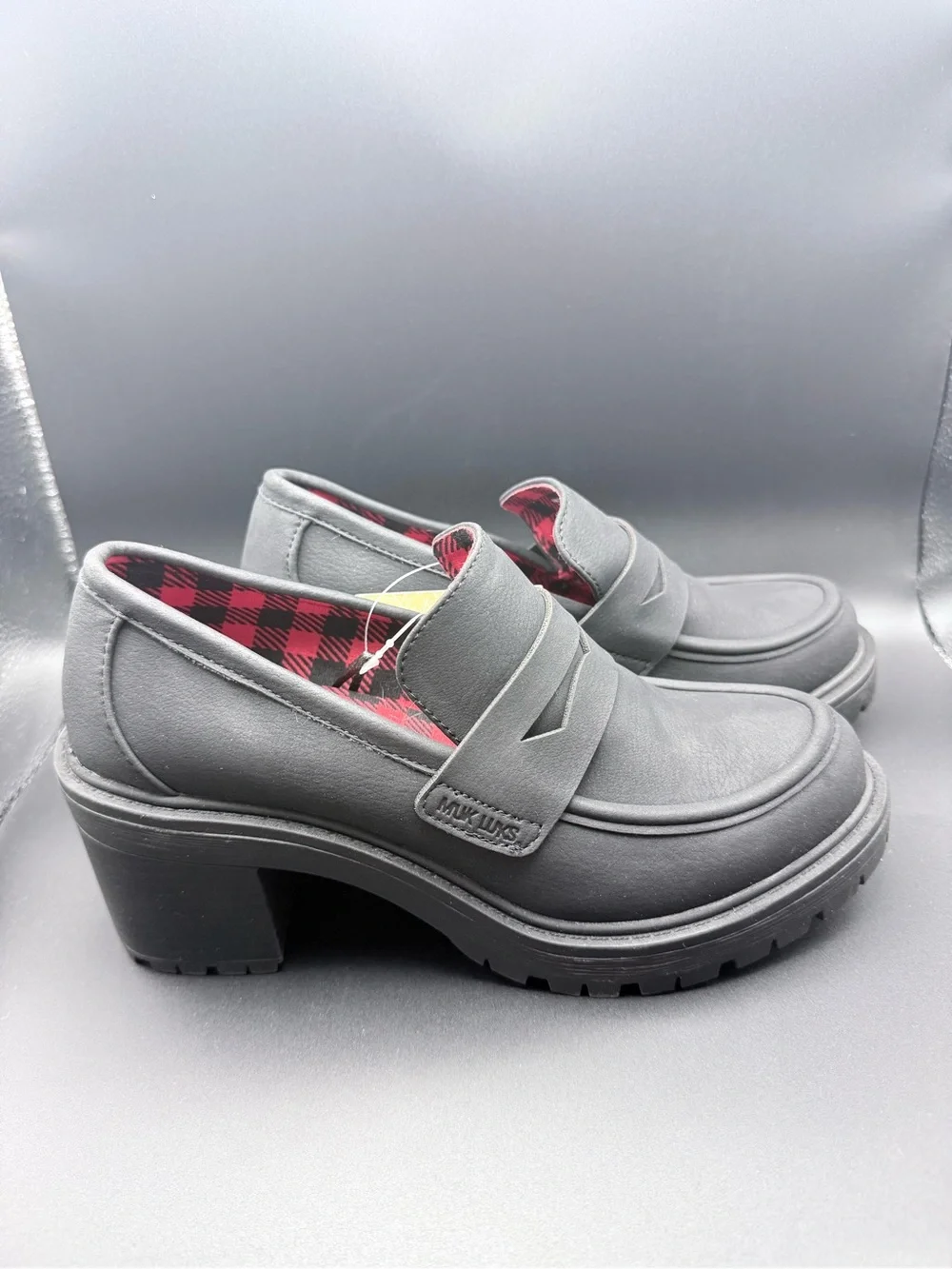 Muk Luks - Black Lug Heel Penny Loafers with Red Plaid Lining